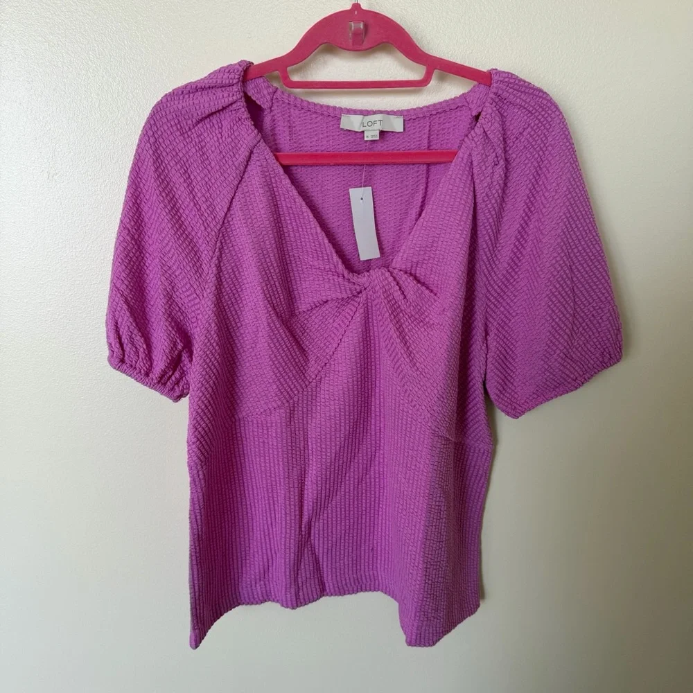 LOFT Seersucker Twist Puff Sleeve Top in Lilac Taffy